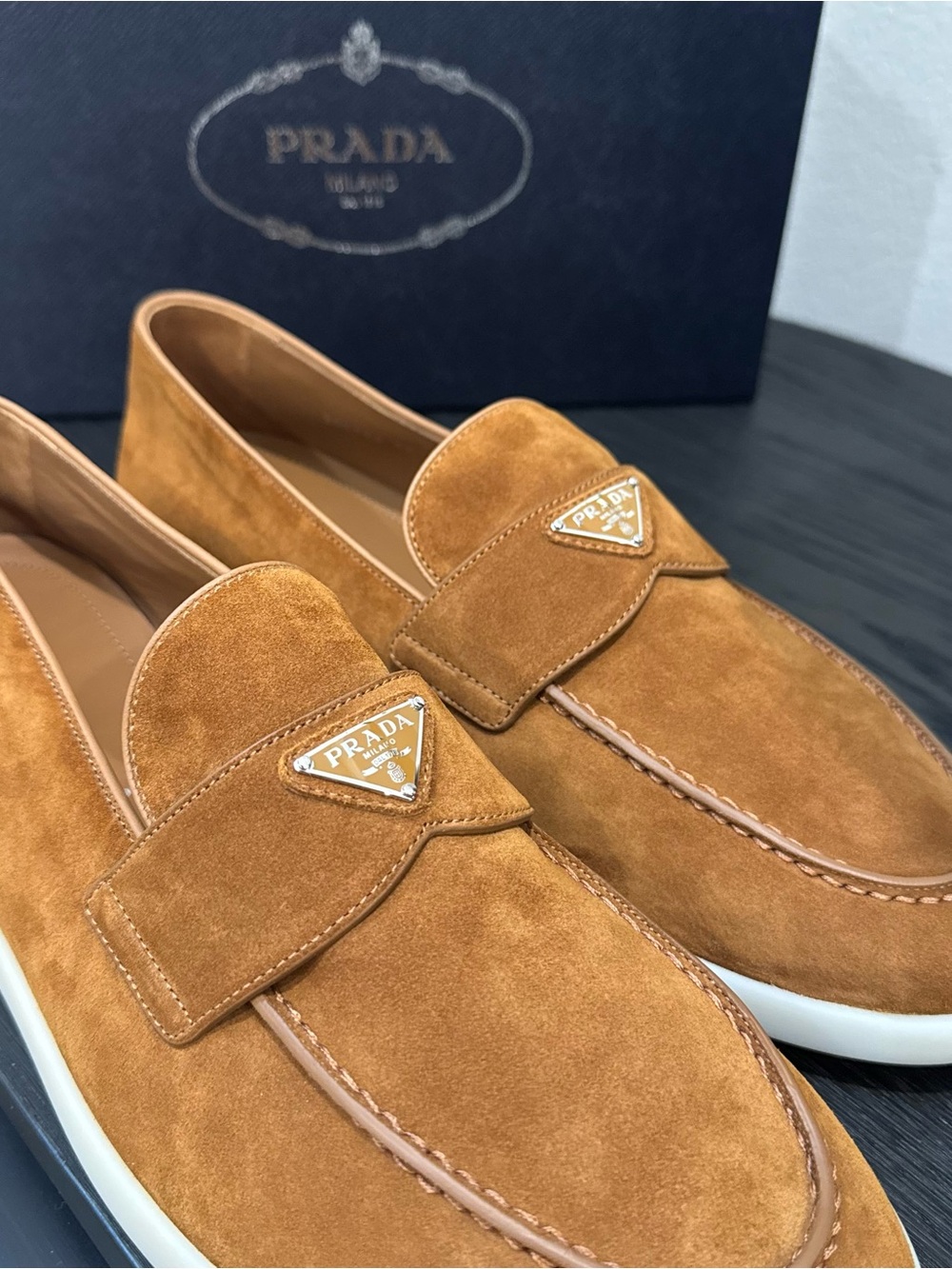 Prada Men's St. Tropez Suede Loafers Cognac 13 - Picture 4 of 7